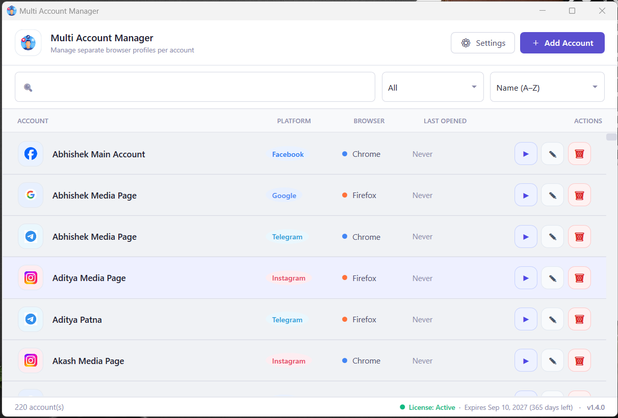 Account dashboard